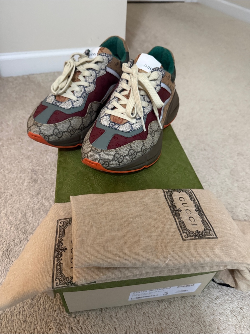 Gucci Multicolor GG Supreme Rhyton Sneakers with Burgundy and Orange Accents